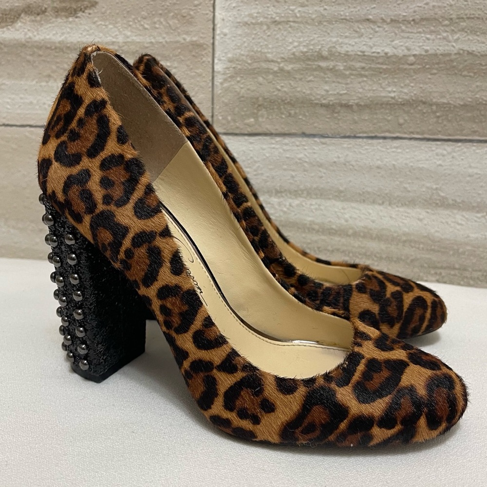 Jessica Simpson Animal Print Heels with Studded Black Block Heel